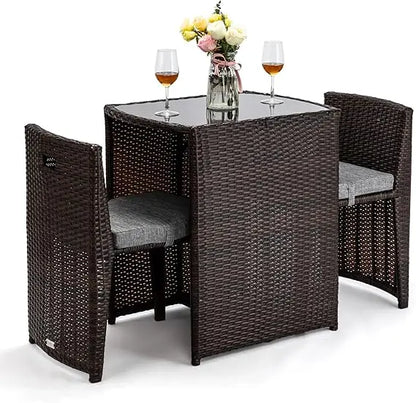 3-piece wicker patio bistro set, glass top table and chairs for small space balcony dining