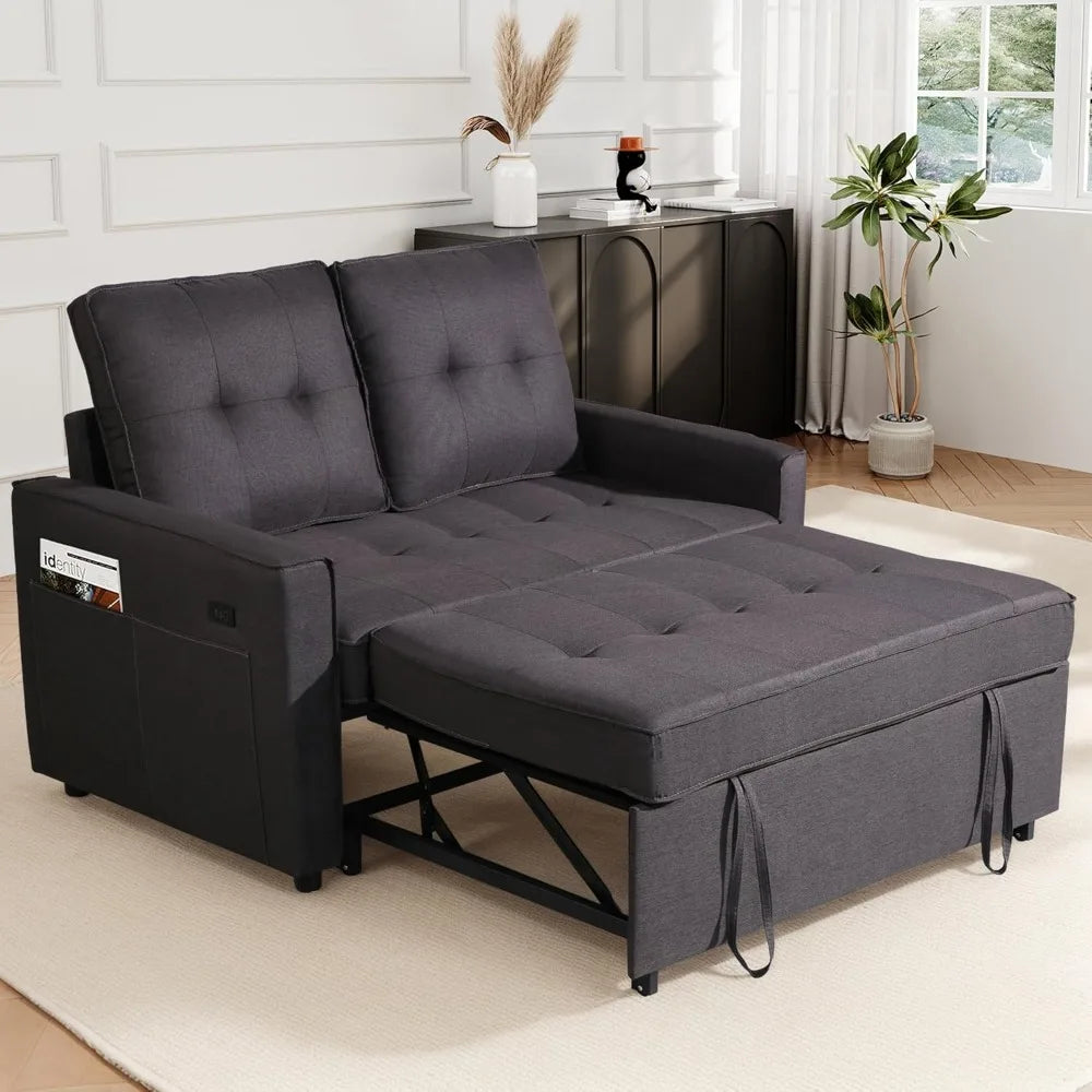 Convertible Sofa Bed with USB, Reclining Backrest & Storage Pockets - 3-in-1 Sleeper for Small Spaces (Dark Grey)