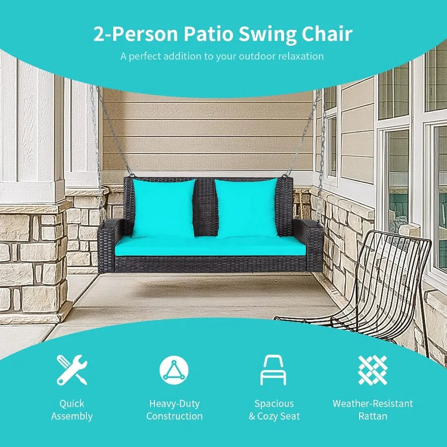 #For Heavy Duty 800 LBS Wicker Hanging Porch Swing with Cushions & Chains,  Outdoor Rattan Swing Bench for Garden, Yard&