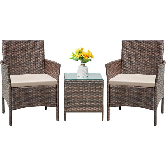 Set 3 Pieces All-Weather Rattan Outdoor Furniture Patio Chairs with Tempered Glass Table for Porch Bistro Balcony (Brown/Cream)