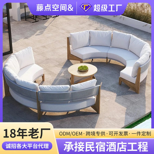 Outdoor sofa teak rattan furniture outdoor courtyard balcony garden waterproof sun protection circular arc solid wood sofa