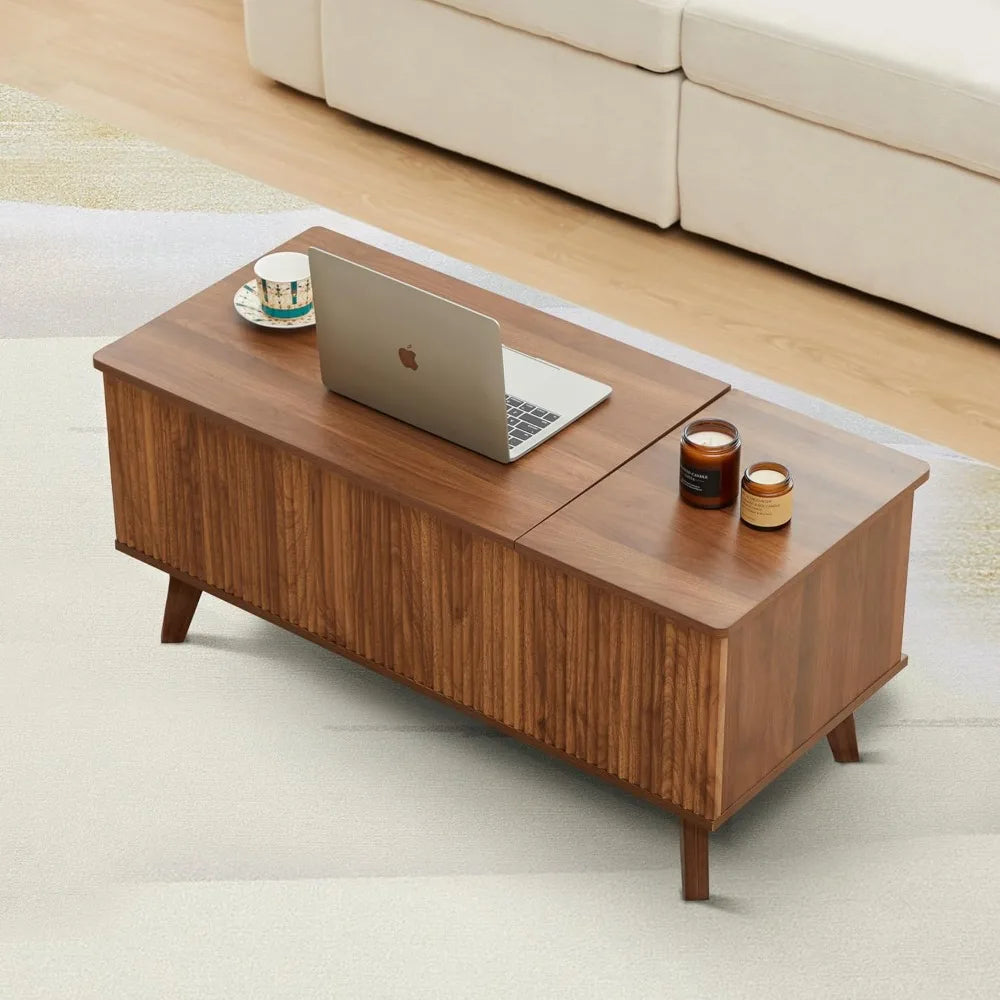 Modern Rectangular Coffee Table with Fluted Design, Lift Top and Hidden Storage