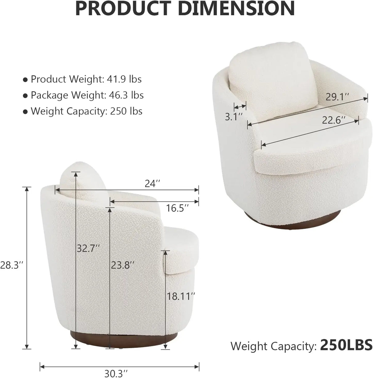 Hot Sales Hot Sales Modern Oversized Swivel Chair Boucle Sherpa Upholstered Barrel Armchair Wood Base White Accent Chair For Liv