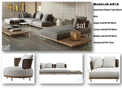 -Hotel Modern Sofa Set Garden Teak Outdoor Furniture Aluminum Wood Terrace Outdoor Sofa Combination Teak Luxury Garden Sofa Set