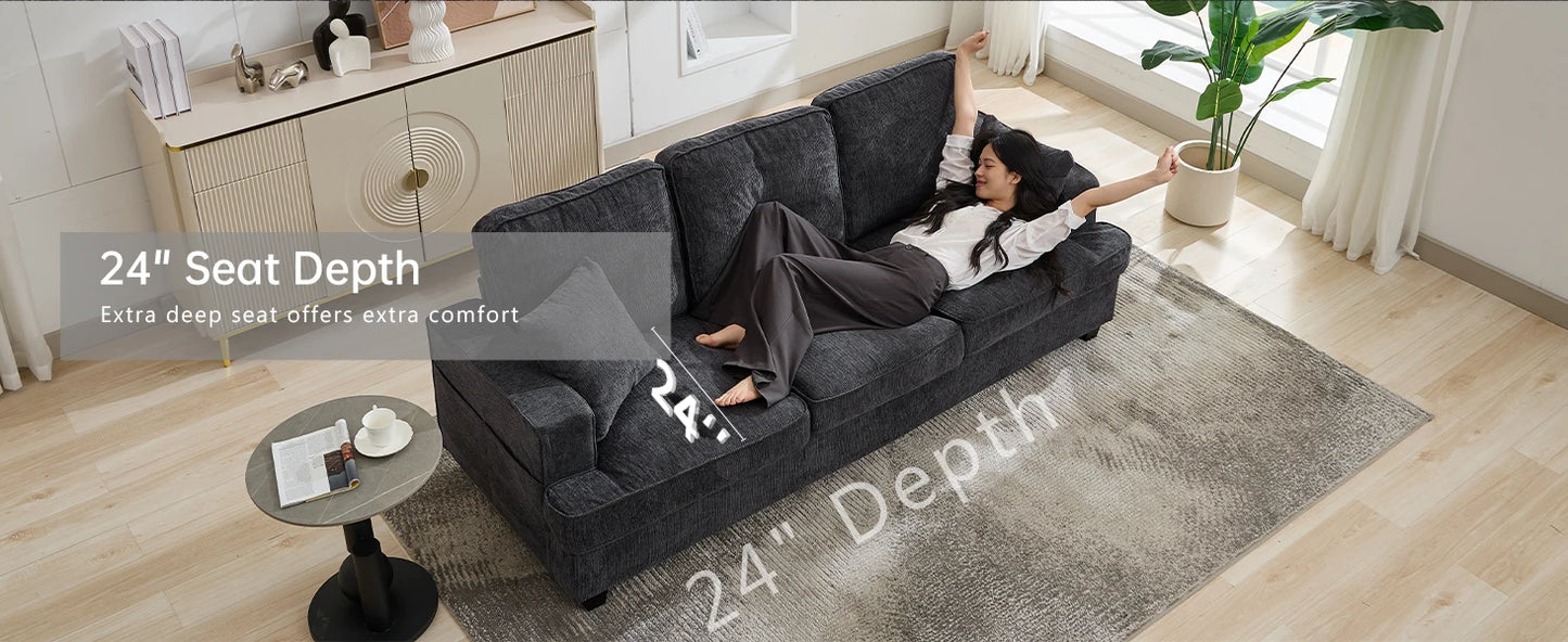 89 Inch 3 Seater Chenille Upholstered Couch Plush Deep Seat Cloud Sofa Gray Soft Upholstered Furniture for Living Room Bedroom Apartment Office Small Space