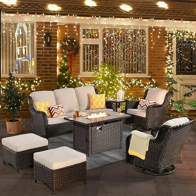 50,000 BTU Rectangular Propane Fire Pit Table 7-Piece High-Back Conversation Sofa and Matching Side Table,Grey Rattan Denim Blue