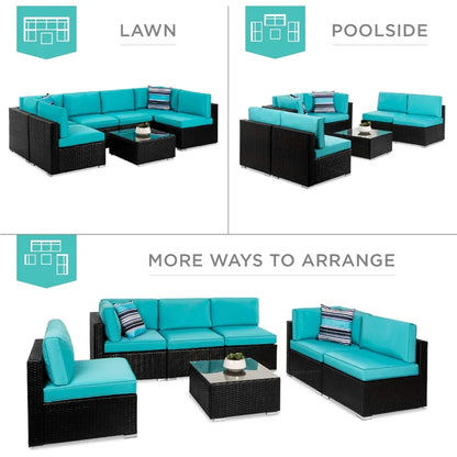 7-Piece Modular Outdoor Sectional Wicker Patio Conversation Set w/ 2 Pillows, Coffee Table, Cover Included - Black/Teal