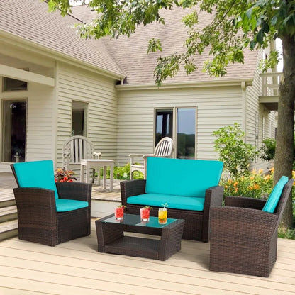 4 Piece AllWeather Outdoor Patio Furniture Set with Brown Rattan Sofa Chairs and Blue Cushions Perfect for Porch and Deck Use D