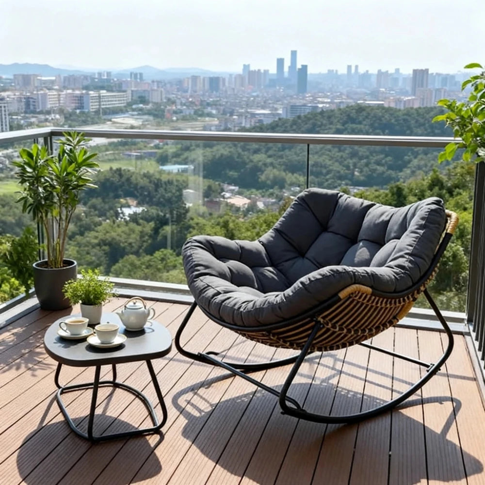 Light Luxury Outdoor Rattan Rocking Chair, Comfortable Backrest Cushion, Metal Frame, Garden Balcony Single Leisure Chair