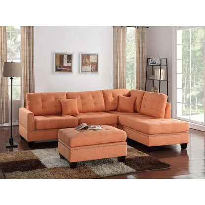 Modern Citrus 3-Piece Sectional Sofa with Reversible Chaise and Ottoman, Tufted Polyfiber Cushion, Includes Pillows for Living