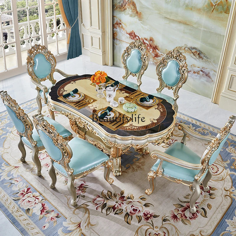 European all solid wood dining table rectangular villa dining table and chair combination champagne color