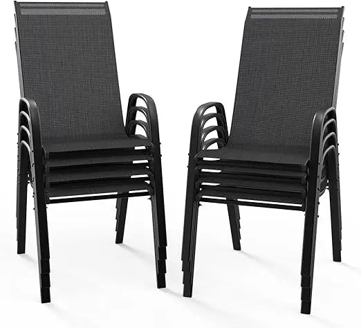patio chairs set of 8 – stackable outdoor dining chairs with comfortable sling high back chairs and armrests for lawn, poolside