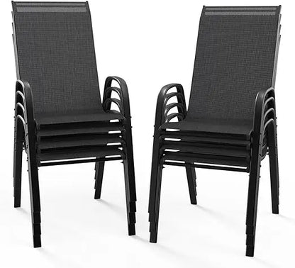 patio chairs set of 8 – stackable outdoor dining chairs with comfortable sling high back chairs and armrests for lawn, poolside