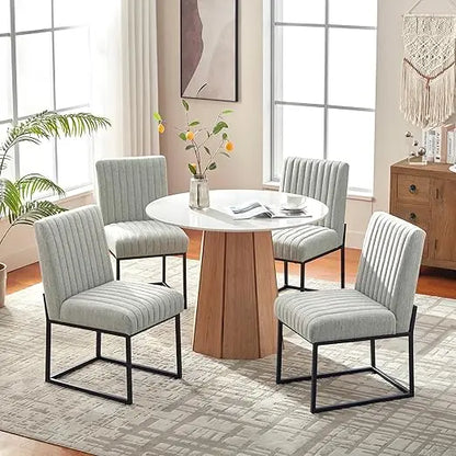 Upholstered Dining Chairs Set of 4, Modern Dining Room Chairs with Stripe, Linen Kitchen Chair Dinner Chair with Black Met