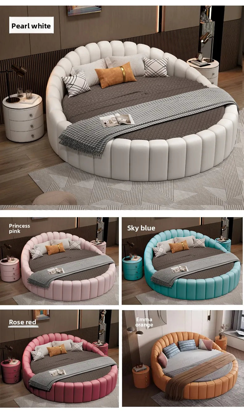 modern simple round bed leather double apartment master bedroom princess bed marriage base de cama king size home furniture