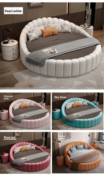 modern simple round bed leather double apartment master bedroom princess bed marriage base de cama king size home furniture