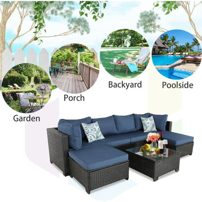 Garden Furniture 7 Pieces Set, Patio Furniture PE Wicker Sets with Washable Cushions Glas Coffee Table, Garden Furniture Set