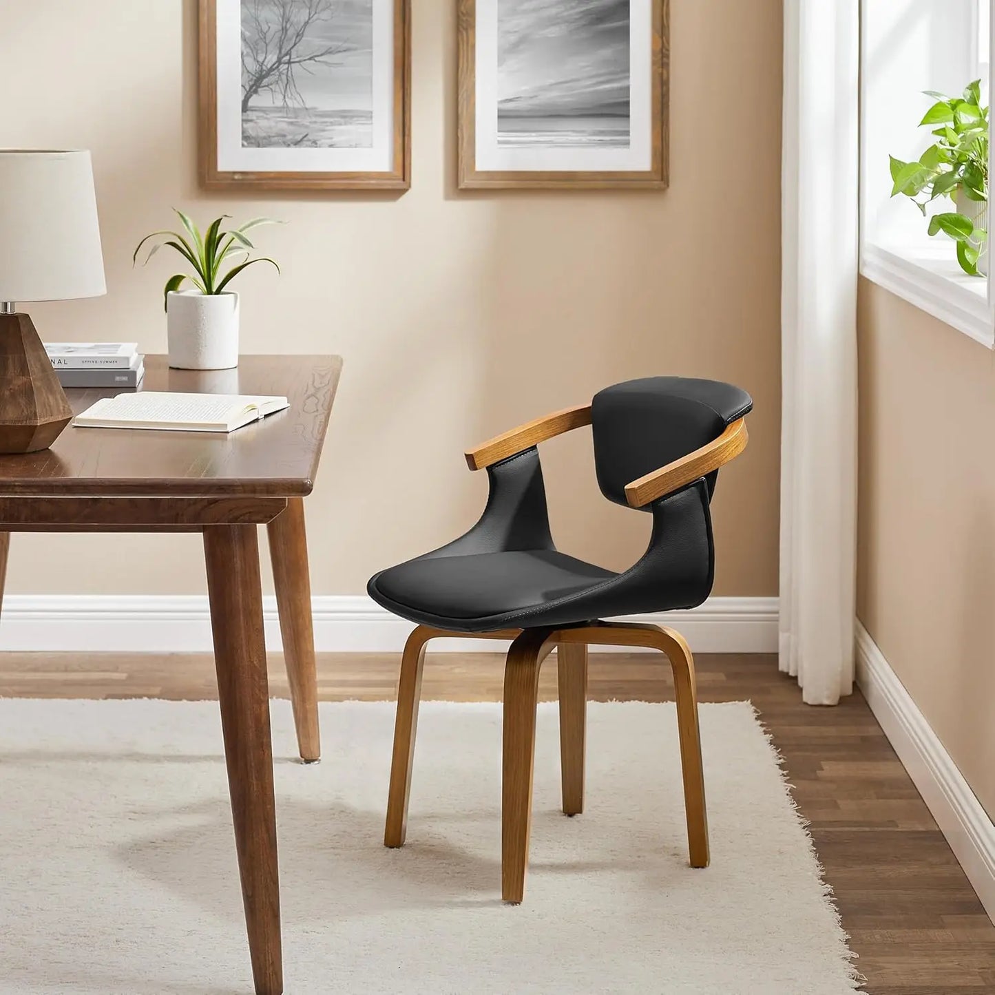 Swivel Desk Chair No Wheels, Mid Century Modern Office Chair, Faux Leather Dining Chair with Wood Legs, Accent Arm, Customized