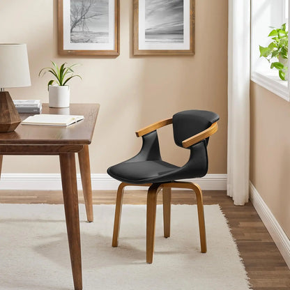 Swivel Desk Chair No Wheels, Mid Century Modern Office Chair, Faux Leather Dining Chair with Wood Legs, Accent Arm, Customized