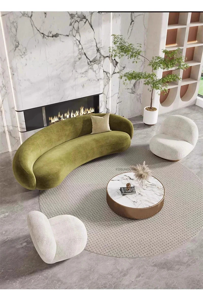Italian Curved Living Room Sofas Home Living Room Furniture Reception Lounge Area Back Sofa Bed Designer Fabric Cashew Lazy Sofa
