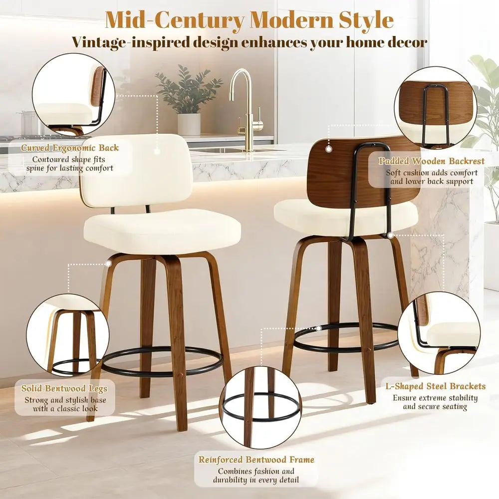Ensemble de 3, 27 tabourets de bar pivotants en simili cuir blanc crème à hauteur de comptoir avec dossier, design moderne rembourré du milieu du siècle pour Kitc