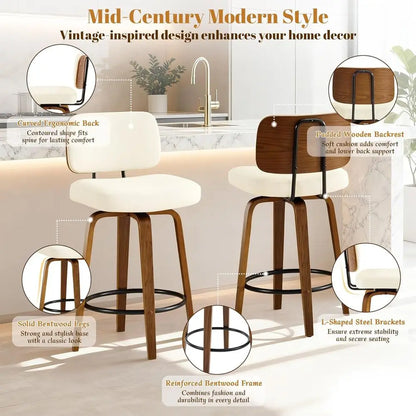 Ensemble de 3, 27 tabourets de bar pivotants en simili cuir blanc crème à hauteur de comptoir avec dossier, design moderne rembourré du milieu du siècle pour Kitc