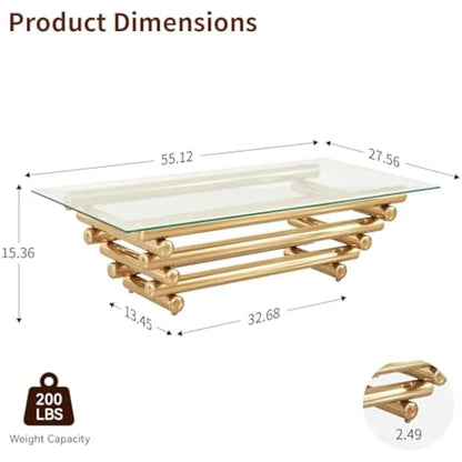 Rectangular Modern Gold Coffee Table with Tempered Glass Top and Stainless Steel Legs for Living Room