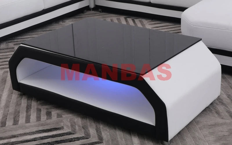 Modern LED Light Genuine Leather Sectional Sofa Set with Storage Shelves, USB Charging Ports, Cup Holder and Contemporary Design