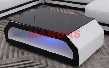 Modern LED Light Genuine Leather Sectional Sofa Set with Storage Shelves, USB Charging Ports, Cup Holder and Contemporary Design