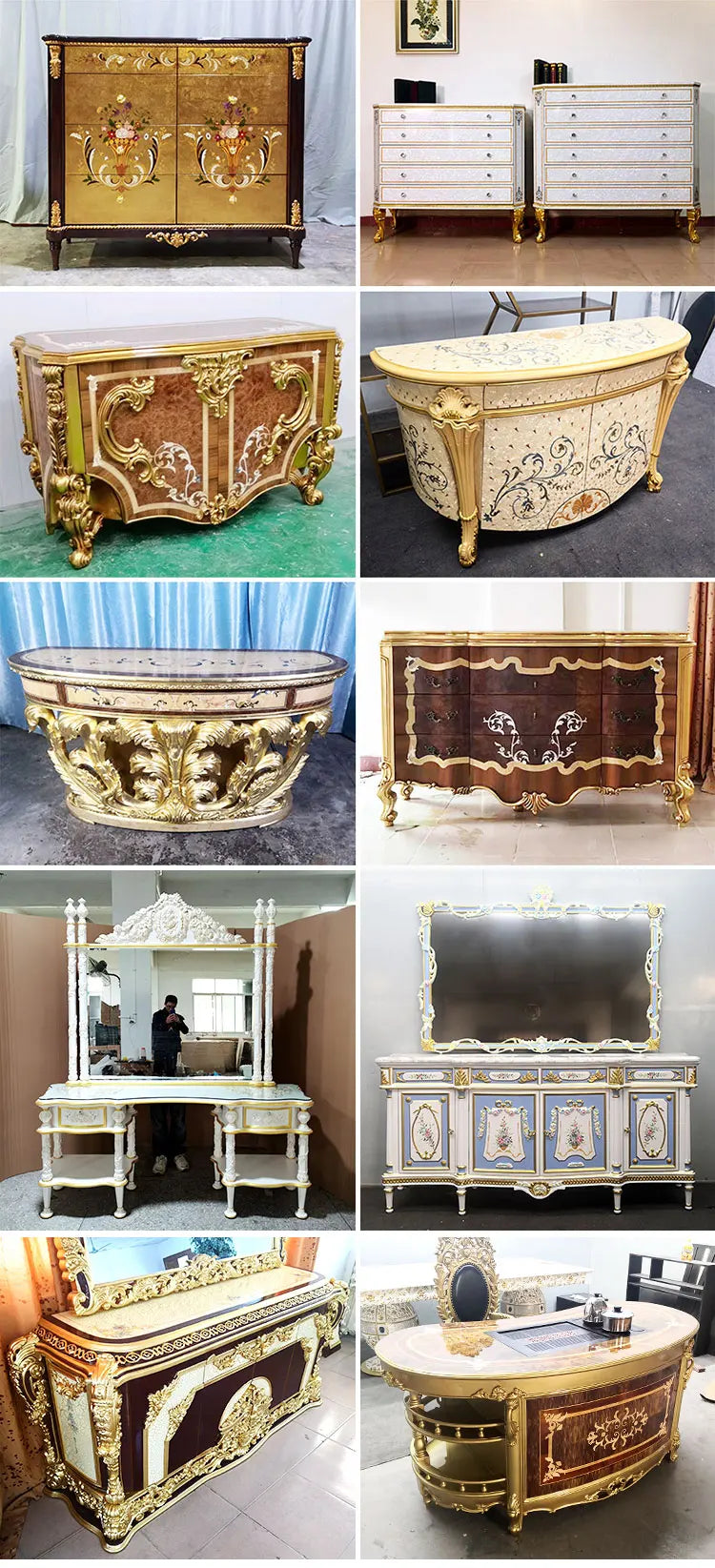 French Royal Baroque Dining Set — Hand-Carved Solid Wood Table with Upholstered Chairs, Luxury Gold for Villa/Hotel