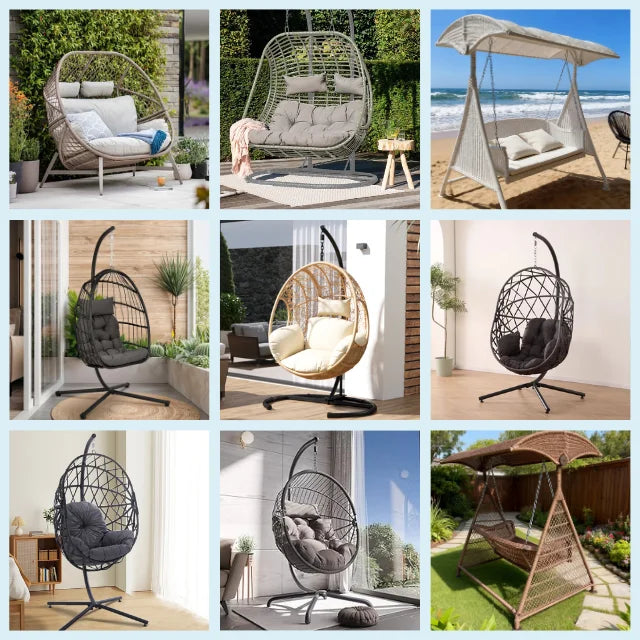 Patio Indoor Outdoor PE Rattan Steel Frame Hanging Egg Shaped Swing Chair with Cushion Stand for Balcony Villa Egg Swing Chair