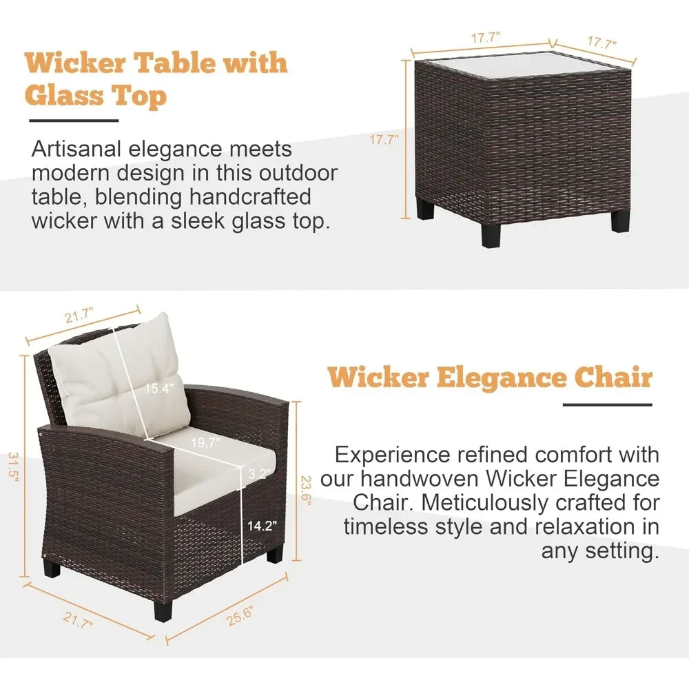 3 Pieces Patio Furniture Set 3 Pieces PE Rattan Wicker Chairs with Table Outdoor Furniture Brown Rattan with White Cushion