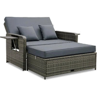 Wicker Patio Outdoor Daybed - Rattan Day Bed Lounger with Loveseat & Storage Ottoman, Sunbed Sofa Set w/Cushions, 4-Level Adjus
