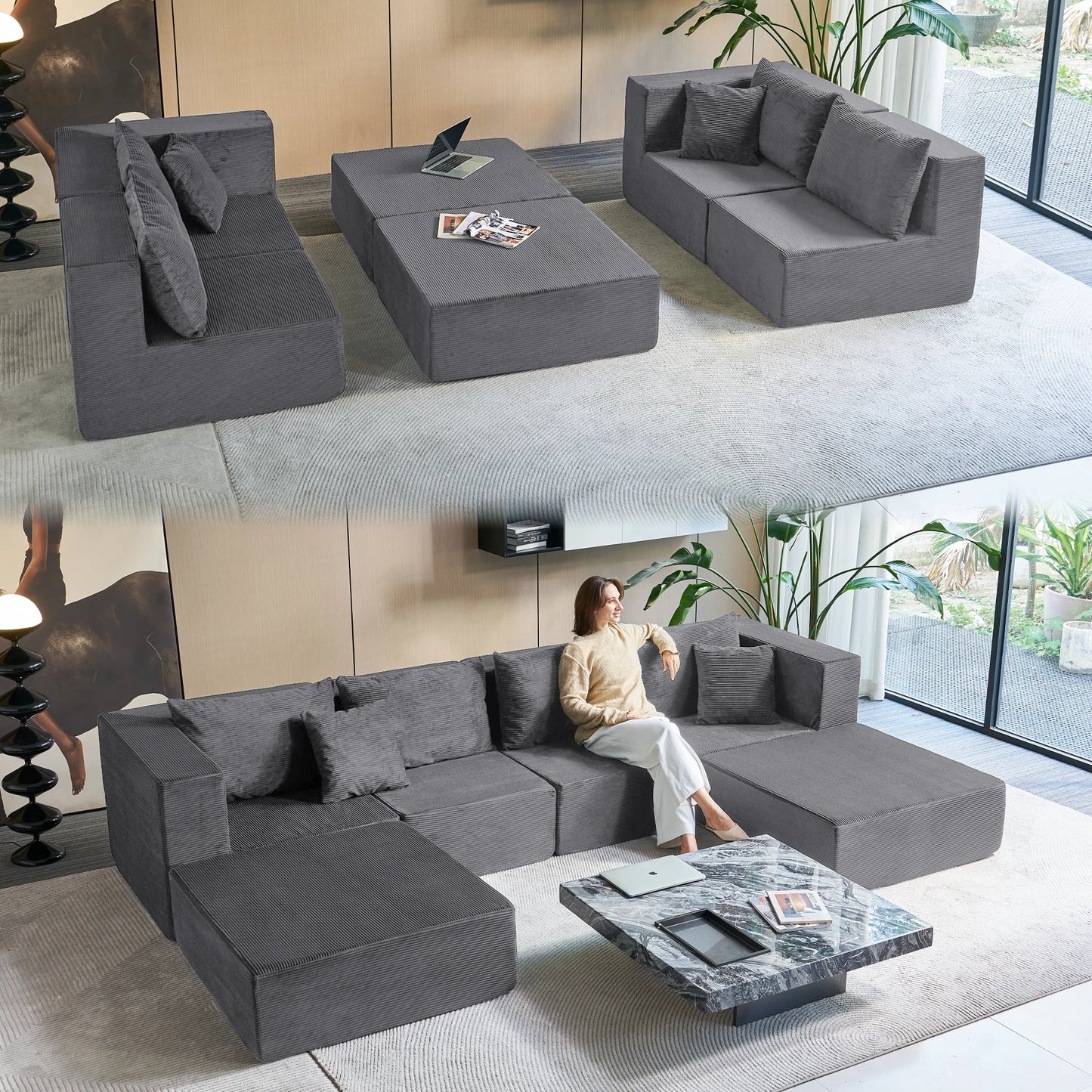 Modular Sectional Sofa Couches Corduroy Sleeper Deep Seat Sofa Bed, 6 Piece