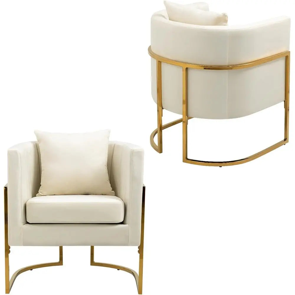 Mid-Century Velvet Accent Chair with Barrel Arms, Upholstered for Comfort, Gold Legs, White for Living/Bedroom，Customized