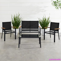 4-Piece Outdoor Textilene Patio Conversation Set, Backyard Furniture w/Loveseat, Coffee Table, Steel Frame - Black/Black