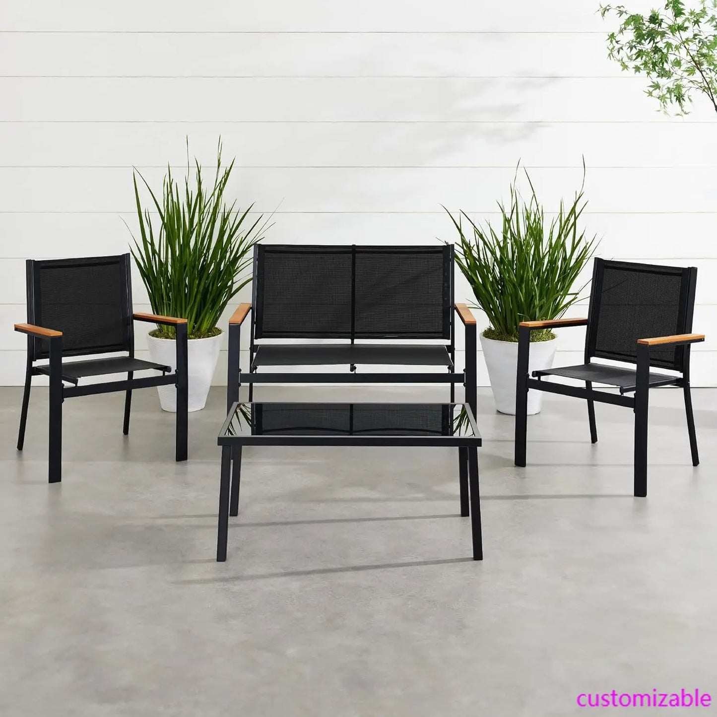 4-Piece Outdoor Textilene Patio Conversation Set, Backyard Furniture w/Loveseat, Coffee Table, Steel Frame - Black/Black