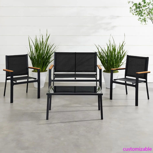 4-Piece Outdoor Textilene Patio Conversation Set, Backyard Furniture w/Loveseat, Coffee Table, Steel Frame - Black/Black