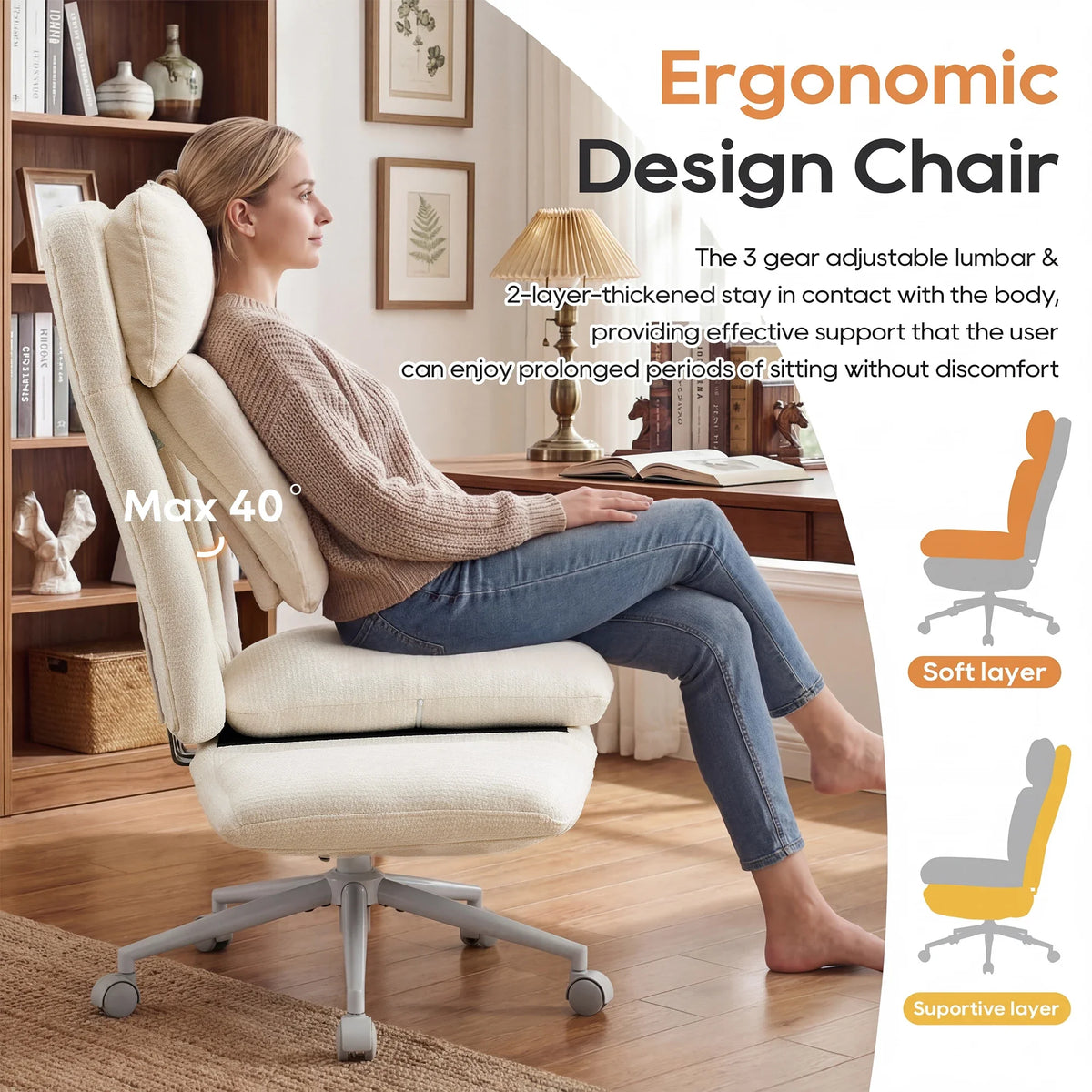 TCGBKAF Beige Big&Tall Office Chair with Flip Armrests Cross Legged Office Chair with Wheels Soft Chenille Executive Chair with Adjustable Lumbar Support Ergonomic Computer Desk Chair