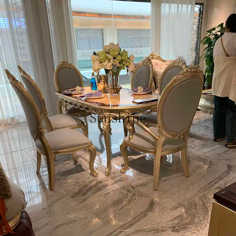 European solid wood oval rectangular dining table and chairs combination luxury restaurant French 6 people gold foil