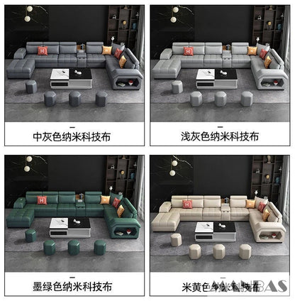 MINGDIBAO Fabric Sofa Set Furniture Living Room Sofa Set with USB and Stools / Big U Shape Cloth Couch Sofas for Home Furniture