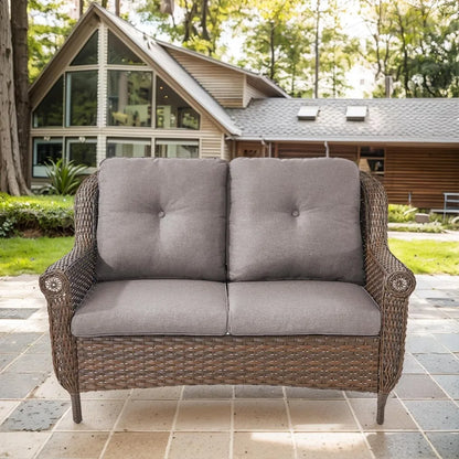 Wicker Sofa Brown Rattan Loveseat Outdoor Couch with Chrysanthemum Armrest & Water Resistant Cushions Sofa for Garden Balcony