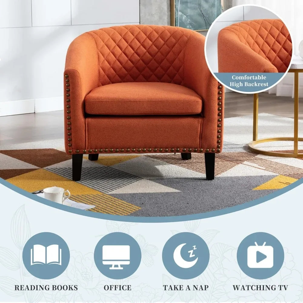 Accent PU Barrel Chair Living Room Chair, Upholstered Sofa Club Chair with Nail-Heads and Solid Wood Legs for Bedroom, Office,