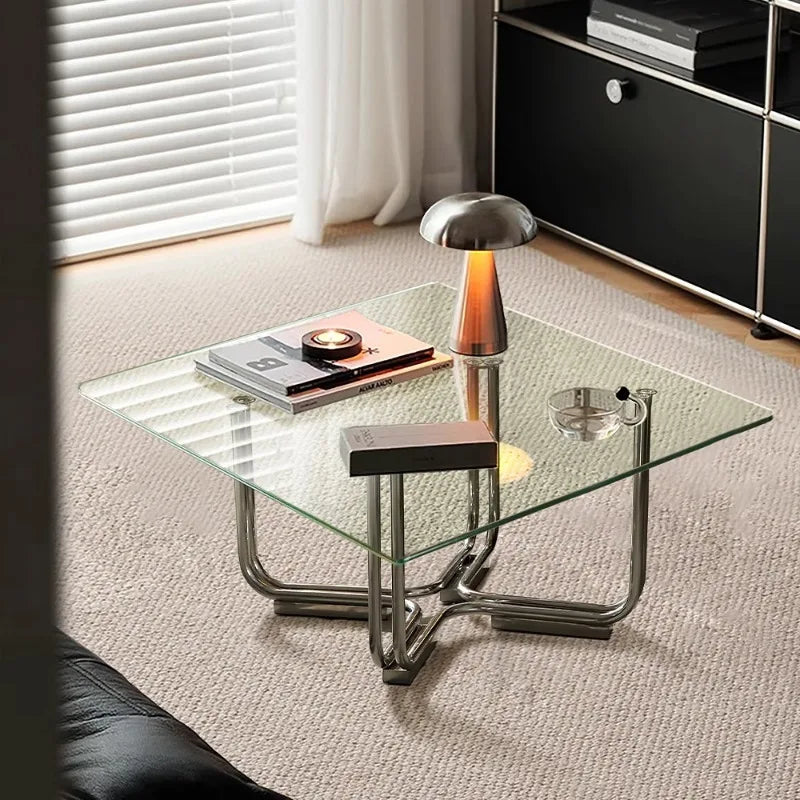 Light Luxury Tea Table Transparent Glass Tea Table Living Room Sofa Side Table Low Tea Tables Stainless Steel Square Side Tables