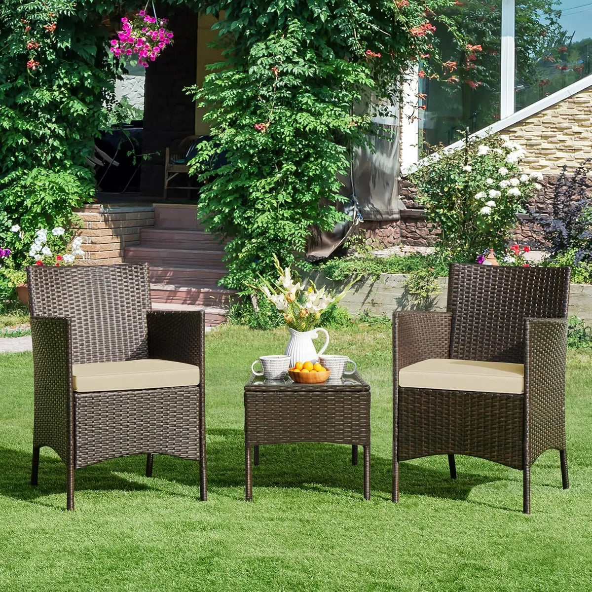 3 Pieces Patio Porch Furniture Set Outdoor PE Rattan Wicker Conversation Set with Soft Cushions Glass Coffee Table 2 Chairs for