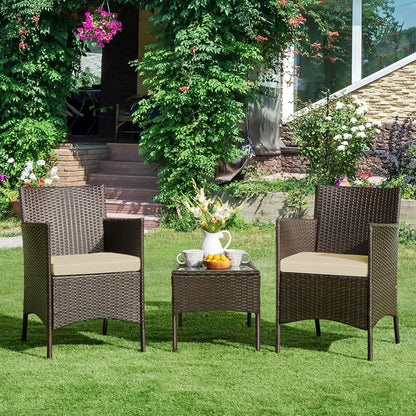 3 Pieces Patio Porch Furniture Set Outdoor PE Rattan Wicker Conversation Set with Soft Cushions Glass Coffee Table 2 Chairs for