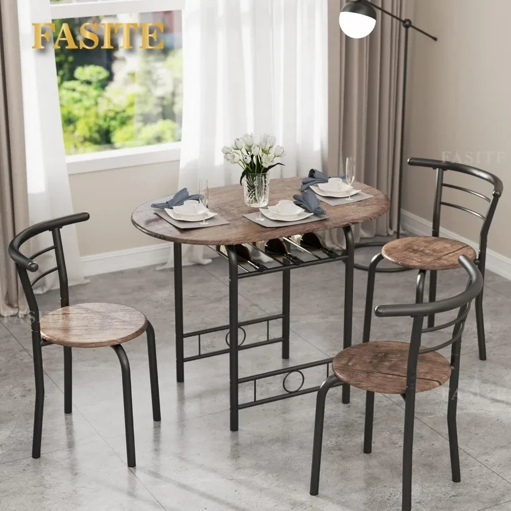 3Piece Wooden Round Table&Chair Set,Space Saving Wood Grain Tabletop with Metal Frame Built for Kitchen,Dining Room(Brown/Black)