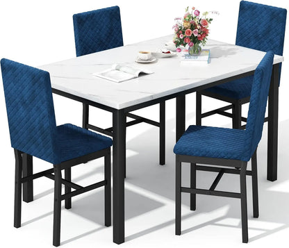 Dining Table Set for 4 Kitchen Table and Chairs Set of 4 Faux Marble Kitchen and Dining with Velvet Upholstered Dinner Chairs