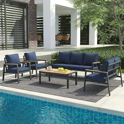 Patio Furniture Set 5 Pieces with Teak Coffee Table & Cushion, Outdoor Patio Furniture Sectional Patio Sofa