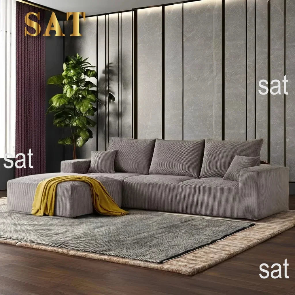 Modern Sectional Sleeper Sofa Bed 3-Seater Grey Lounge Couch Corduroy Convertible Sponge Compression Modular Sofas Chaise Home